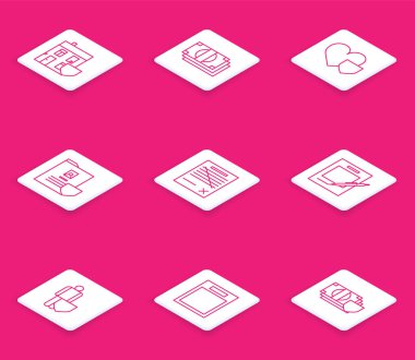 House 'u rozetli, Stacks kağıt para, Heart, Document, Sil dosya belgesi, boş defter ve kalem, Hayat Sigortası ve Boş form simgesi ile ayarla. Vektör