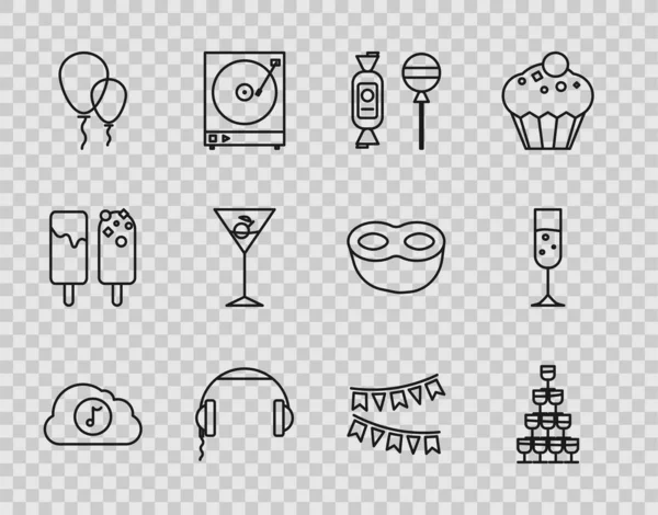 Set line Music streaming service, Wine glasses stacked pyramid tower, Lollipop, Headphones, Balloons with ribbon, Martini, Carnival garland flags and Glass of champagne icon. Vector — Stock Vector