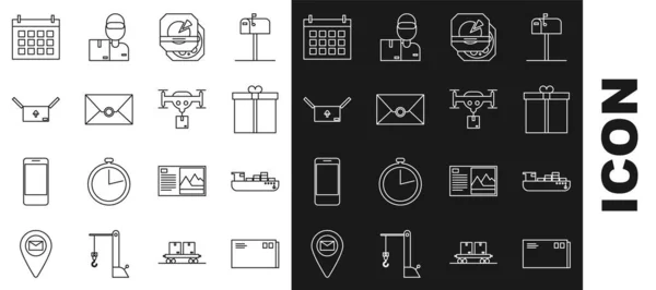 Set line Envelope, Cargo ship with boxes delivery service, Gift, Pizza in cardboard, Cardboard traffic symbol, Calendar and Delivery drone the package icon. Vector — Stockový vektor