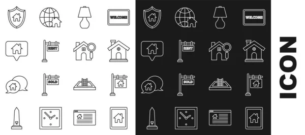 Set line Tablet and smart home, Hanging sign with text Sale, House, lamp, Rent, Map pointer house, shield and Search icon. Vector — Wektor stockowy