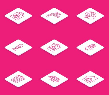 Geri dönüşümlü kağıt poşet, su musluğu, toprak küre ve yaprak, balık iskeleti, geri dönüşüm kutusu sembolü, LED ampul, çöp kutusu ve güneş enerjisi panel ikonu. Vektör