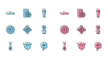 Sırayı dört yapraklı yonca, bıyıklı ve sakallı bağla. Dört, Kelt haçı, altın sikke ve ikon. Vektör