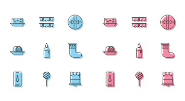 Hediye kutulu akıllı telefon, lolipop, fındık, mutlu Noel zil, yanan mum şamdan, çorap, marzipan sünger keki ve karnaval çelengi ikonu. Vektör