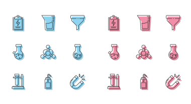 Test tüpünü kürsüye, laboratuvar yıkama şişesine, kontrol listeli panoya, mıknatısa, bakteriye, kimyasala ve cam deney şişesi ikonuna yerleştir. Vektör
