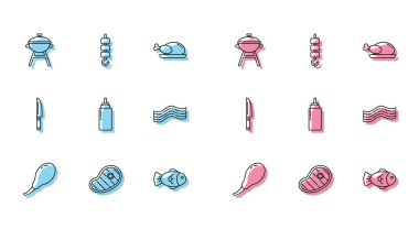 Tavuk budu, biftek eti, ızgara ızgara ızgara ızgara, balık, sos şişesi, pastırma şeridi, bıçak ve ızgara şiş kebap çubuğu ikonu. Vektör