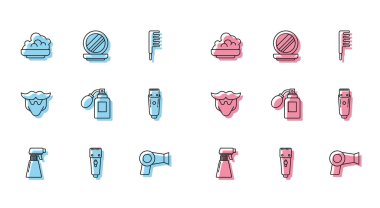 Tabanca sprey şişesi, elektrikli saç makası ya da traş makinesi, tıraş köpüğü, kurutma makinesi, atomla tıraş losyonu, bıyık ve sakal ve makyaj tozu ikonu. Vektör