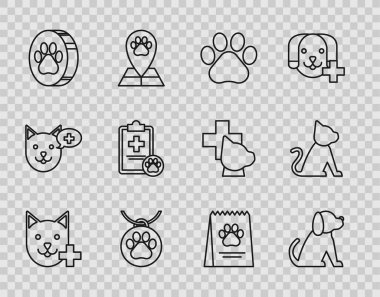 Veterinerlik kliniği sembolü, köpek, pençe izi, yakalı isim etiketi, pano tıbbi kayıt evcil hayvanı, köpek ve kedi ikonu için yiyecek çantası. Vektör