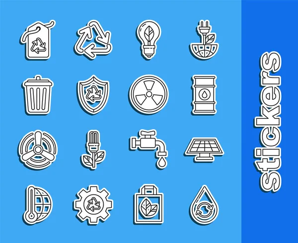Set line Recycle clean aqua, Solar energy panel, Oil barrel line, Light bulb with leaf, symbol inside shield, Trash can, Tag recycle and Radioactive icon. Vector — Archivo Imágenes Vectoriales