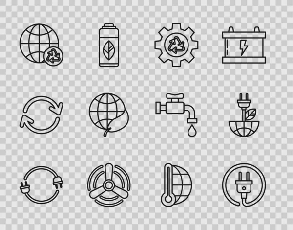 Set line Electric plug, Recycle symbol and gear, Wind turbine, Planet earth recycling, Earth globe leaf, Meteorology thermometer measuring and saving icon. Vector — Stockvector