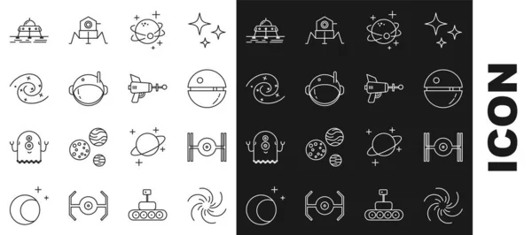 Set line Buraco negro, nave cósmica, estrela da morte, planeta, capacete de astronauta, rover Marte e ícone de arma de raios. Vetor — Vetor de Stock