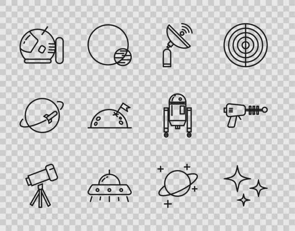 Set line dalekohled, Padající hvězda, Radar, UFO létající kosmická loď, Astronaut helma, Planeta s vlajkou, a Ray dělo ikona. Vektor — Stockový vektor