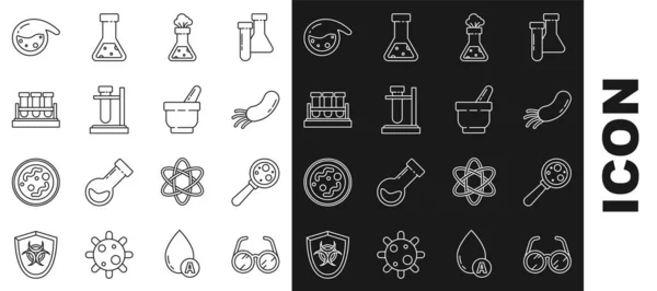 Set line Laboratory glasses, Microorganisms under magnifier, Bacteria, Test tube and flask chemical, on stand, and Mortar pestle icon. Vector — Vettoriale Stock