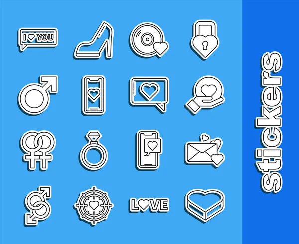 Set line Candy in heart shaped box, Envelope with, Heart on hand, Romantic music, Mobile phone, Male gender symbol, Speech bubble I love you and Like icon. Vector — Stockový vektor