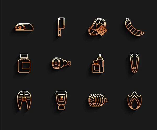 Set line Fish steak, Sauce bottle, Meat, Salami sausage, Fire flame, Chicken leg, tongs and icon. Vector — Image vectorielle