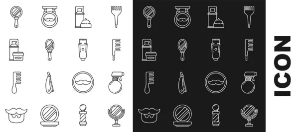 Set line Round makeup mirror, Hairdresser pistol spray bottle, Hairbrush, Shaving gel foam, Hand, and Electrical hair clipper shaver icon. Vector — Image vectorielle