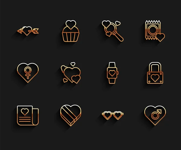 Set line Envelope with Valentine heart, Candy shaped box, Amour arrow, Heart love glasses, male gender, Lock and the center wrist watch icon. Vector — Stockvektor