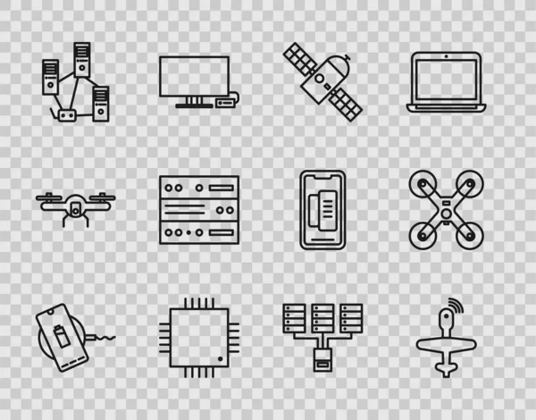 Set line Wireless charger, UAV Drone, Satellite, Processor with microcircuits CPU, Computer network, Server, Data, Web Hosting, and flying icon. Vector — Stockový vektor