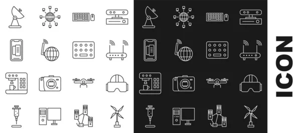 Set line Wind turbine, Virtual reality glasses, Router and wi-fi signal, Keyboard mouse, Social network, Smartphone, mobile phone, Radar and Pills blister pack icon. Vector — Stockvektor