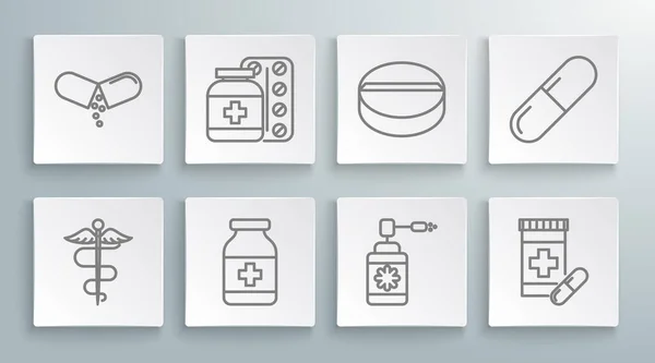 Set line Caduceus snake medical symbol, Medicine bottle and pills, Medical with nozzle spray, or tablet, and icon. Vector — Stok Vektör