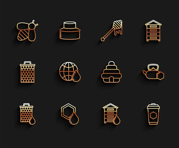 Set line Honeycomb, Bee, Hive for bees, Cup of tea with honey, map the world, Tea kettle and icon. Vector — Vector de stock