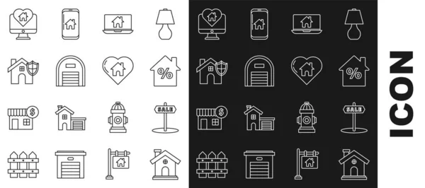 Set line House, Hanging sign with text Sale, percant discount tag, Laptop and smart home, Warehouse, shield, Monitor heart shape and icon. Vector — Vetor de Stock