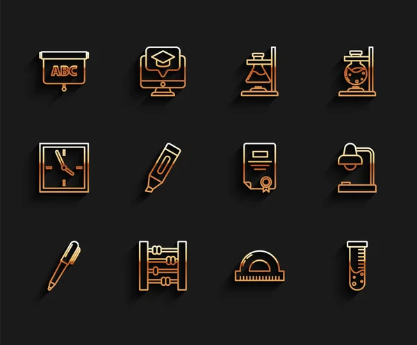 Set line Pen, Abacus, pizarra, rejilla transportadora para medir grados, laboratorio químico de probetas y frascos, rotulador, lámpara de mesa e icono de plantilla de certificado. Vector — Vector de stock