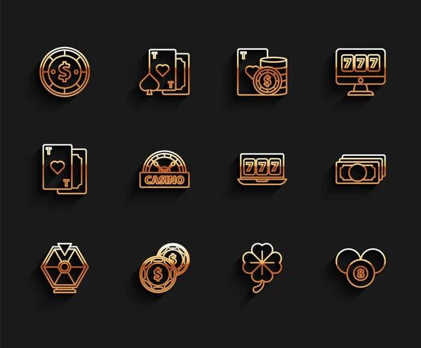 Set line Roue chanceuse, Casino puce avec dollar, Trèfle à quatre feuilles, billard billard billard snooker 8 boule, enseigne, pile de papier-argent comptant et machine à sous en ligne chanceux sept icône du jackpot. Vecteur — Image vectorielle