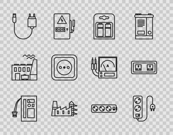 Set line Battery, Electric extension cord, in pack, Power station plant and factory, Charger, Electrical outlet, and icon. Vector — Stok Vektör