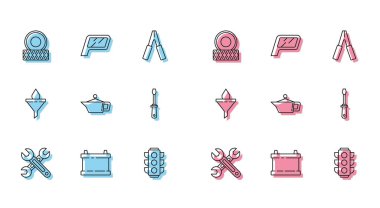 Hat anahtarı, araba aküsü, tekerlek, trafik ışığı, motor yağı, tornavida, huni filtresi ve ayna ikonu için tüp. Vektör