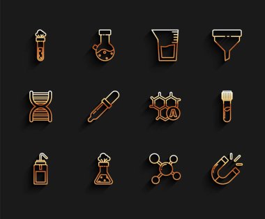 Set line Laboratory wash bottle, Test tube and flask chemical, Molecule, Magnet, Pipette, and Chemical formula icon. Vector