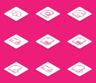 Set line Cloud download, Document with search, Next page arrow, Delete folder, XLS file document, DOC, star and minus icon. Vector