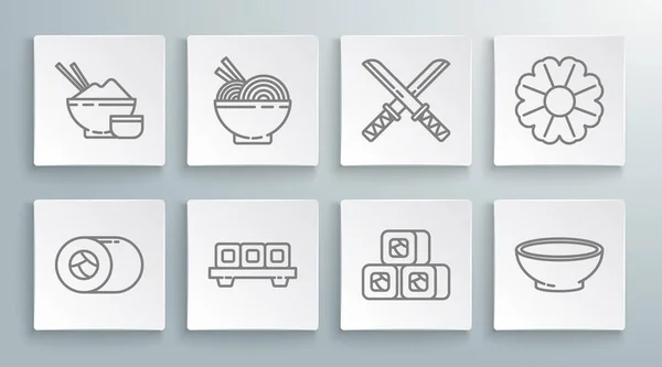 Set line Sushi, Asian noodles in bowl and chopsticks, on cutting board, Bowl of hot soup, Traditional Japanese katana, Flower and Rice with icon. Vector — Stockvektor