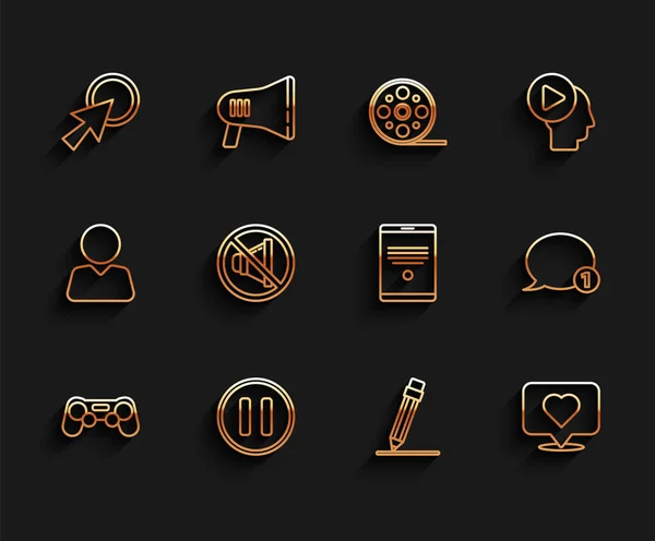 Set line Gamepad, Pause button, Arrow cursor, Pencil with eraser, Like and heart, Speaker mute, Speech bubble chat and Tablet icon. Vector — Stockvektor