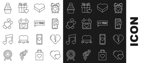 Set line Heart, Broken heart or divorce, Smartphone with speech bubble, Candy in shaped box, Calendar, and Speech I love you icon. Vector — стоковый вектор