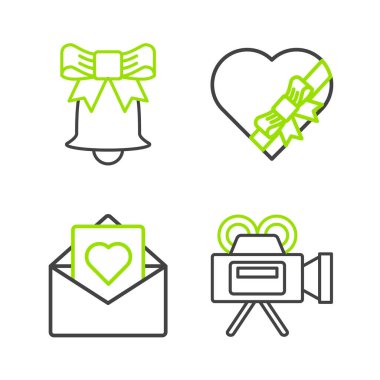 Sinema kamerası, sevgililer günü kalbiyle zarf, Candy şeklinde kutu ve yay ve zil ikonu. Vektör