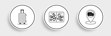 Set line Map pointer with Coliseum in Rome, Italy, Suitcase for travel and Passport pages visa stamps icon. Vector