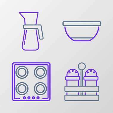 Tuz ve biber, gaz ocağı, kase ve ölçü kabı ikonu. Vektör