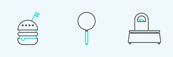 Set Line Scales Burger Frying Pan Icon Vector — 스톡 벡터