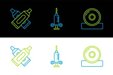 Otolaryngological baş reflektörü, çapraz diş macunu tüpü ve diş şırıngası ikonu. Vektör