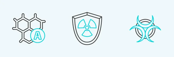 Set Line Biohazard Symbol Chemical Formula Radioactive Shield Icon Vector — Archivo Imágenes Vectoriales