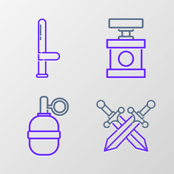 Set line Crossed medieval sword, Hand grenade, Handle detonator for dynamite and Police rubber baton icon. Vector