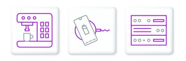 Server, Data, Web Sunucusu, Kahve makinesi ve kablosuz şarj ikonu ayarla. Vektör