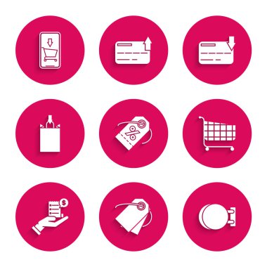 Set Discount percent tag, Signboard hanging, Shopping cart, Human hand holding with blank receipt or bill for payment, Paper shopping bag, Credit card and Mobile phone icon. Vector