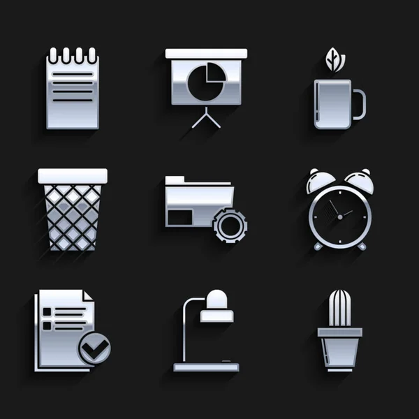 Set Folder settings with gears, Table lamp, Cactus and succulent pot, Alarm clock, Document check mark, Trash can, Cup of tea leaf and Notebook icon. Vector — Stockvector