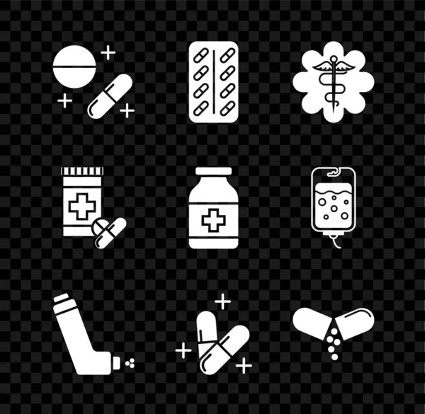 Set Medicine pill or tablet, Pills blister pack, Emergency star medical symbol Caduceus snake with stick, Inhaler, bottle and pills and icon. Vector — Stockvektor