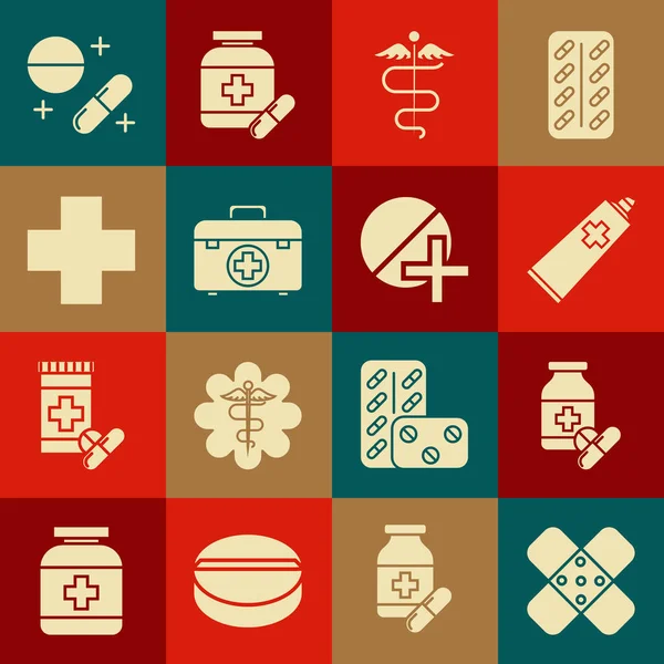Çapraz bandaj bandı, ilaç şişesi hapları, krem tüpü ilaçları, Caduceus yılan tıbbi sembolü, ilk yardım çantası, hastane, tablet ve ikon. Vektör