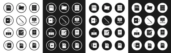 Set Drawer with documents, Pen line, Coffee cup, File, Computer keyboard and x mark, Delete folder, User manual and Binder clip icon. Vector — Vettoriale Stock