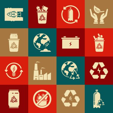 Set Recycling plastic bottle, Battery with recycle symbol, Recycle bin, Earth globe and plant, can, Stop ocean pollution and Car battery icon. Vector