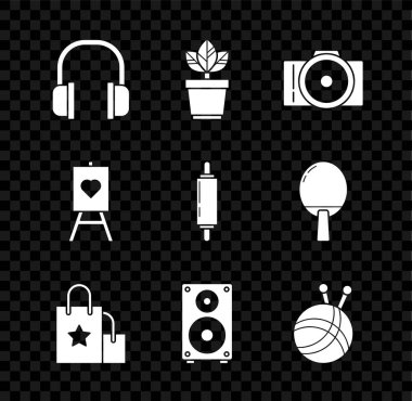 Set Headphones, Flowers in pot, Photo camera, Paper shopping bag, Stereo speaker, Yarn ball with knitting needles, Wood easel or painting art boards and Rolling icon. Vector