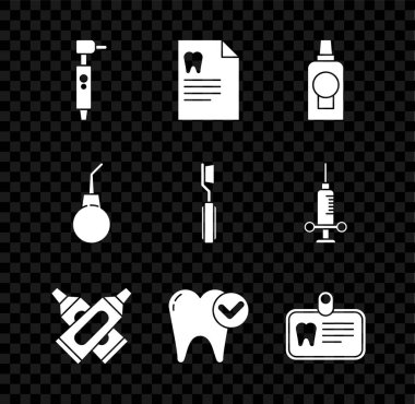 Diş matkabı, diş kartlı pano, ağız gargargarası plastik şişe, çapraz diş macunu tüpü, beyazlatma konsepti, kimlik, Enema armudu ve diş fırçası simgesi. Vektör